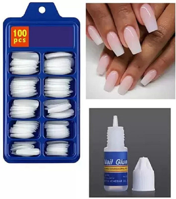 Quitzel Artificial Curve Fake Nails with Glue White(Pack of 100)