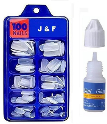 J & F Hinshitshu Empress Curve Artificial Nails with Glue Bottle white(Pack of 100)