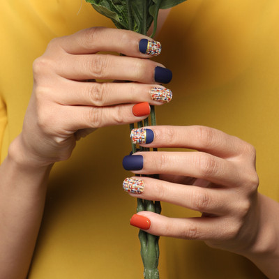 Lick - Press on Nails Matte Blue Artificial Acrylic _ Art Square Shape Dark Blue With Printed Red-681 Dark Blue With Printed Red(Pack of 30)