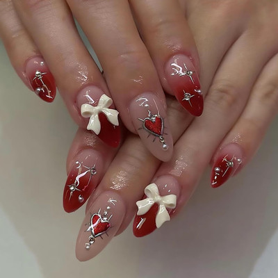 NAKHI 24 Reusable Artificial Base Red colour with White Bow Design Glossy Nails Peach(Pack of 24)