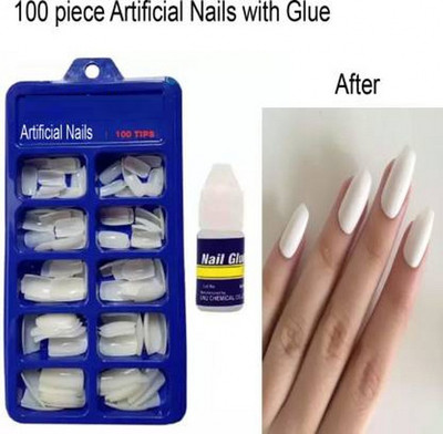 kHUDAt ISTRO 100 Pcs Reusable Acrylic False Nails With Glue WHITE White(Pack of 100)