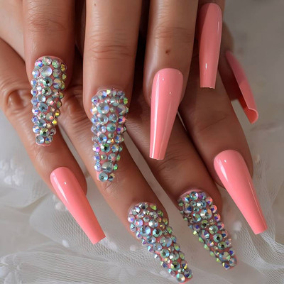 Shhagan Peach Full Studded Fake Artificial Press on Nails Glossy Finish, Ballerina Shape(Pack of 12)
