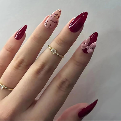 NAKHI 24 Reusable Artificial Fake Nail Set | Base Dark Red colour with Baby Pink Bow Dark red(Pack of 24)