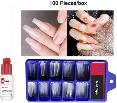AMOSFIA Nails Set Fake false Nails Set Of 100 With Free Glue TRANSPARENT TRANSPARENT(Pack of 100)