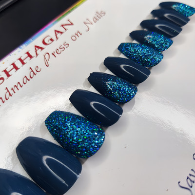 Shhagan Prussian Blue Glitter Ombre Designer Artificial Press-on-Nails with Glue 678 Multicolor(Pack of 12)