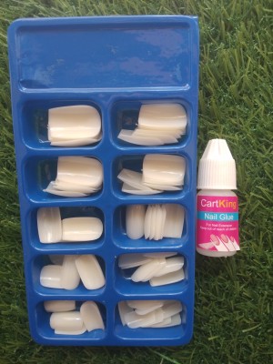 CartKing 100 Fake Nails + 3ml Glue - Reusable & Easy Nail Art White(Pack of 100)