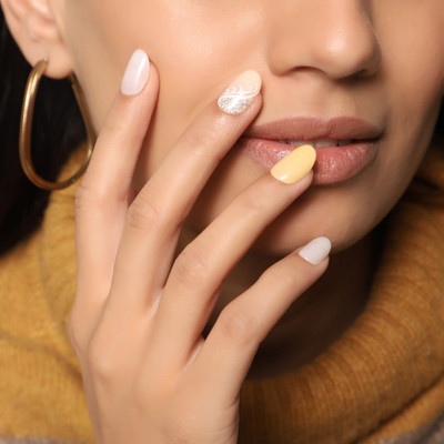 Lick - Press on Nails Artificial NailsSet Glossy Yellow Oval Shaped White And Pastel Yellow With Greige Printed(Pack of 12)
