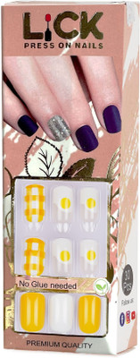 Lick - Press on Nails 12 Pcs Square Shape Reusable Fake/Artificial/False _ Extension Acrylic _-950 Sunshine Yellow With Pearl White And Checkered Prints(Pack of 12)