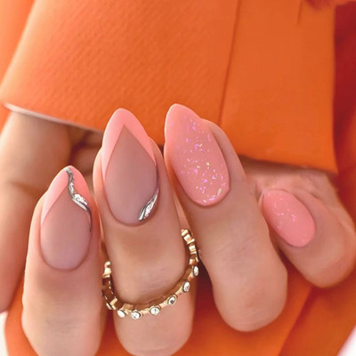 kyiesh Reusable Shimmery Designer Press on Nails Peach Pink(Pack of 24)