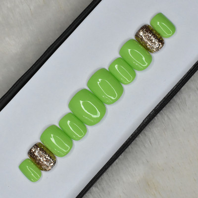 The NailzStation Glossy Light Green Golden Glitter Fake Nails / Artificial Nails/ Press on Gel Nails in Square with free nail application kit Light Green(Pack of 12)