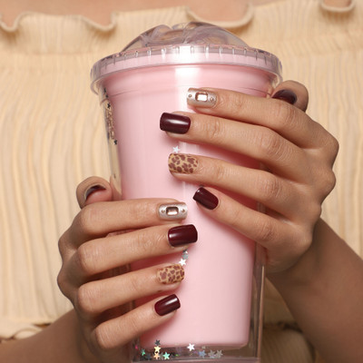 Lick - Press on Nails Maroon Reusable Acrylic/Fake/False Stick on Nails With Application Kit Glossy Maroon, Studed and Cheetah Print(Pack of 12)