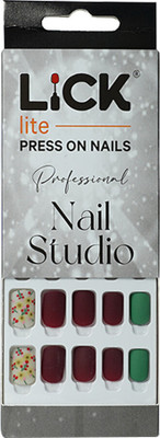 Lick - Press on Nails 30 Pcs Matte Fake/False/Artificial Reusable Acrylic Stick on Nails Extension-560 Oval Shape Matte Emerald Green, Maroon And White Base Floral Print(Pack of 30)