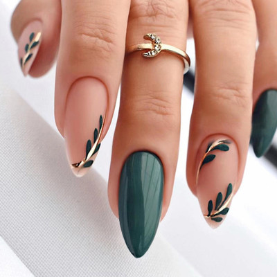 kyiesh Reusable Emerald & Peach Leaf Printed Press on Nails Peach, Emerald(Pack of 24)