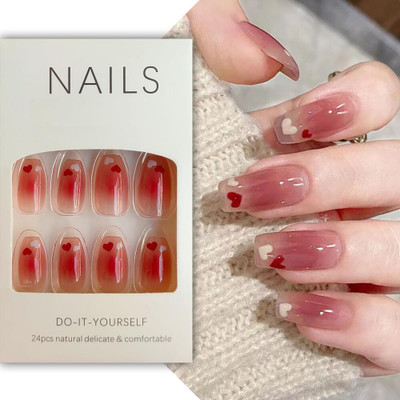 S.A.V.I 24 PCS Heart Print Long Square Press-On Nails - Reusable with Glue & T Maroon(Pack of 24)