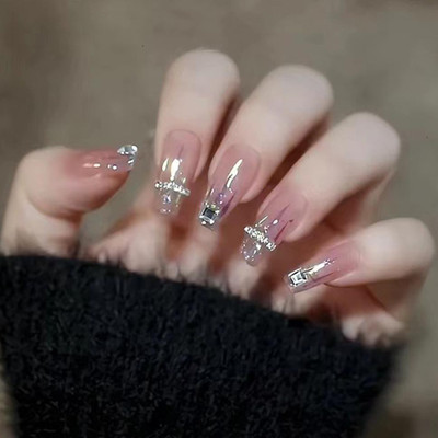 KILLFE Artificial Reusable Stone Décor Long Colorful Nails Set of 24Pcs With Glue Pink(Pack of 24)
