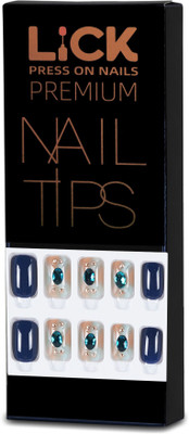 Lick - Press on Nails Navy Blue Acrylic Reusable False/Artificial/Fake Nails with Application Kit Navy Blue(Pack of 12)