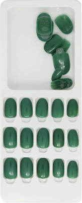 Lick - Press on Nails 24 Pcs Fake Nails/Artificial Nails/Stick on False Nails With Application Kit-621 Oval Shaped Bottle Green(Pack of 24)
