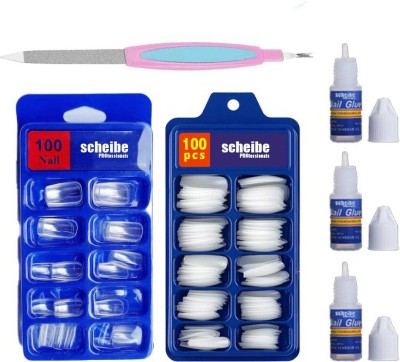 Scheibe 100pcs Transparent Nails 100pcs White Nails 3 Nail Glue and Nail Filer combo White, Transparent(Pack of 100)