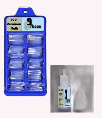 Sarbeau 200-Pcs Artificial Nails Set - 100 White & 100 Transparent and 2 Nail Glue_C_006 Transparent(Pack of 100)