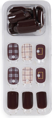 Lick - Press on Nails 30 Pcs Acrylic Reusable False/Fake/Artificial Nails with Application Kit-561 Warm Deep Wine With Check Print(Pack of 30)