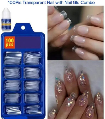 PAOUD 100-Piece Artificial Nails Set - 100 White nail with 1 Nail Glue Combo TRANSPARENT(Pack of 100)