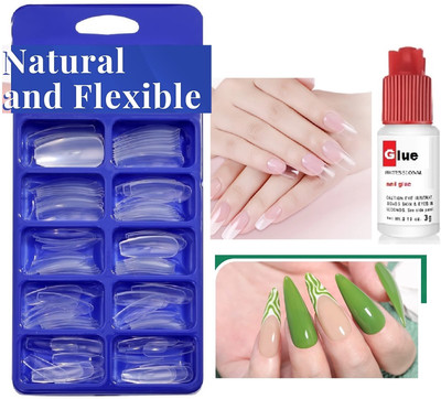 FELICECHIARA 100 Pieces Reusable Fake Nail Tips With strong Instant Dry Glue Transparent TRANSPARENT(Pack of 100)