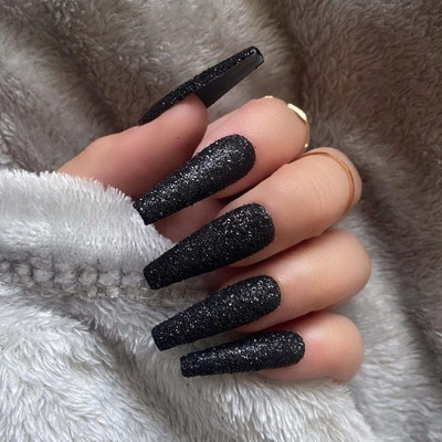 The NailzStation Glitter Fake Artificial Press on Nails with glue application kit Black(Pack of 12)