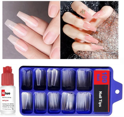 AMOSFIA 100pcs Reuseable Transparent Artificial Nail Tips Best False Nails TRANSPARENT(Pack of 100)