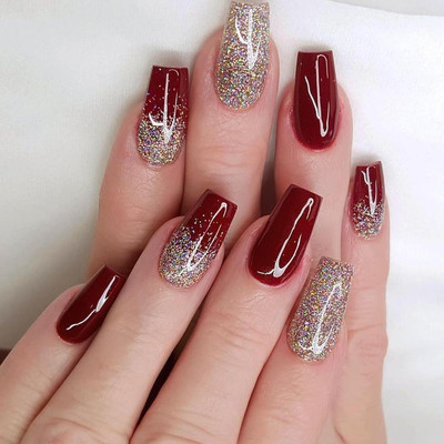 The NailzStation Glitter ombre Designer Fake Nails with glue application kit Maroon(Pack of 12)