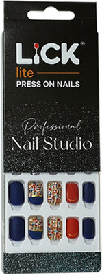 Lick - Press on Nails 30 Pcs Matte Blue Artificial/Fake/False _ Acrylic _ Extension _ Art-982 Square Shape Dark Blue With Printed Red(Pack of 30)