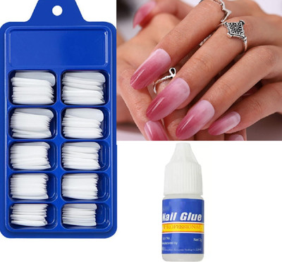 Facejewel 100 Pcs Reusable Artificial Nail With glue TRANSPARENT(Pack of 100)