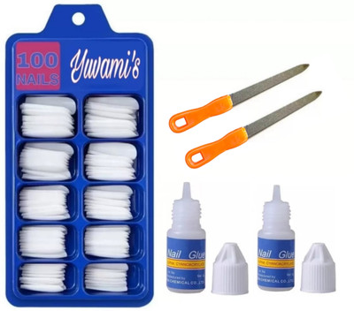 Yuvami's 100 Artificial Fake Nails WIth 2 Nail Glue 2 filer off white(Pack of 100)
