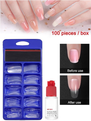 OLETSUN All Type Nail Used Artificial Transparent Reusable Fake Nail Tips With Nail Glue Transparent(Pack of 100)