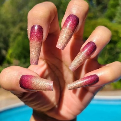 Shhagan Red and Gold Glitter Ombre Nails red(Pack of 12)