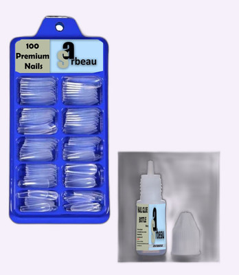 Sarbeau 200-Pcs Artificial Nails Set - 100 White & 100 Transparent and 2 Nail Glue_C_097 Transparent(Pack of 100)