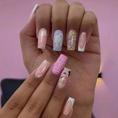 kyiesh Reusable Barbie and Heart Printed Press on Nails Multicolor(Pack of 24)