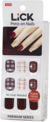 Lick - Press on Nails Maroon Reusable False/Fake/Artificial Acrylic Nails with Application Kit-603 Maroon(Pack of 12)