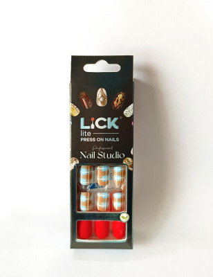 Lick - Press on Nails 30 Pcs Matte Red Acrylic Nails Set Nail Art Artificial/False Nails Extension-634 Matte Red With Checkred Light Blue(Pack of 30)