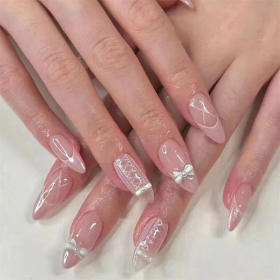 NAKHI 24 Artificial Fake Nail Set Base Peach colour with SilverBow Design Glossy Nails Peach(Pack of 24)