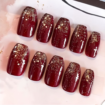 The NailzStation nails artificial nail fake designer press on extension with design glue Ombre Maroon(Pack of 12)