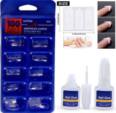 UniTale Best 100 Pcs Fake Transparent Nail Extension with Glue and Tip Guide Sticker Transparent(Pack of 100)