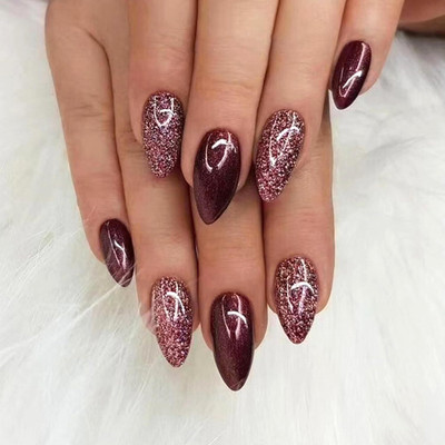 NAKHI 24 Reusable Artificial Fake Nail Set | Lightweight & Long Lasting wine_zari(Pack of 24)