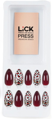 Lick - Press on Nails 28 Pcs Animal Print Acrylic Reusable _ Extension Artificial/False _ Art-648 Dark Burgundy And White Animal Printed Stiletto(Pack of 28)