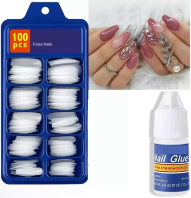 zukrave 100 Acrylic White Tranparent nails with 1 Glue(Pack of 100)