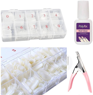 D.B.Z. 500 Nail false tips with tip cutter and 10ml Nail glue with brush Applicator white(Pack of 500)