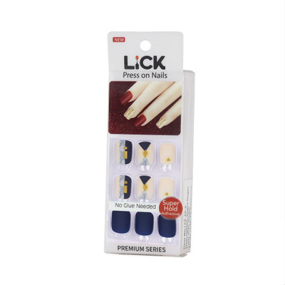 Lick - Press on Nails FB594fake nails_Nail Press-n1_527 Square Shape Royal Blue With White Base And Golden Detailing(Pack of 30)