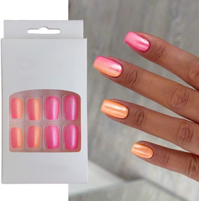 S.A.V.I 24pc Pink & Orange Gradient Square Press-On Nails - Medium Length, Adh Pink and Orange(Pack of 24)