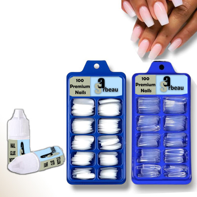 Sarbeau 200-Pcs Artificial Nails Set - 100 White & 100 Transparent and 2 Nail Glue Combo Transparent, White(Pack of 200)