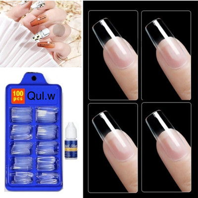 Qul.w NEW ARTIFICIAL NAILS FOR NAILS ART WITH GLUE TRANSPARENT transparent(Pack of 100)