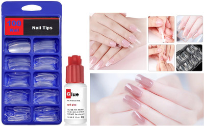 AMOSFIA New Acrylic Nail Tips Transparent 100 Pcs With glue Free TRANSPARENT TRANSPARENT(Pack of 100)
